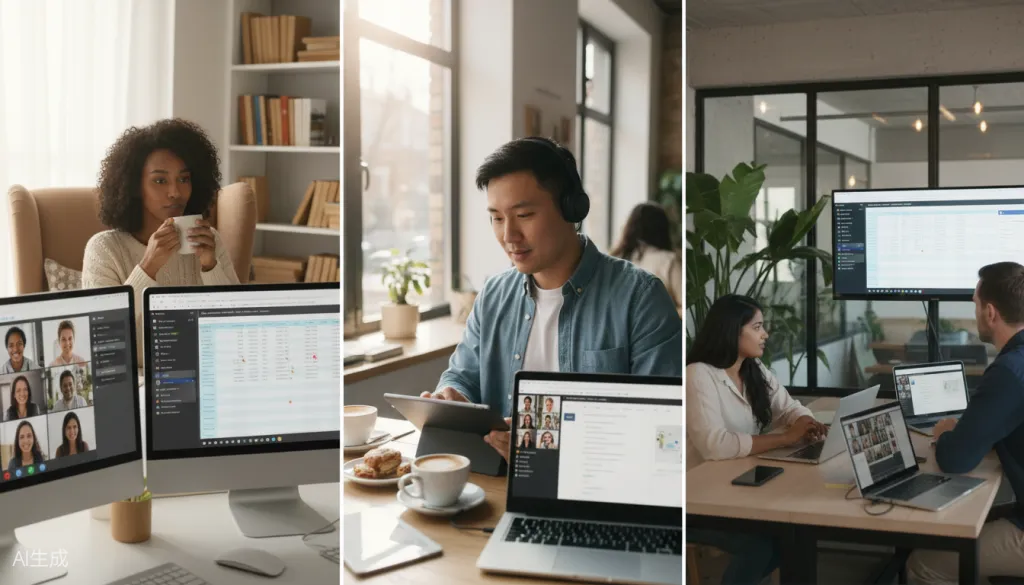 Distributed team members working effectively from various locations using collaboration tools