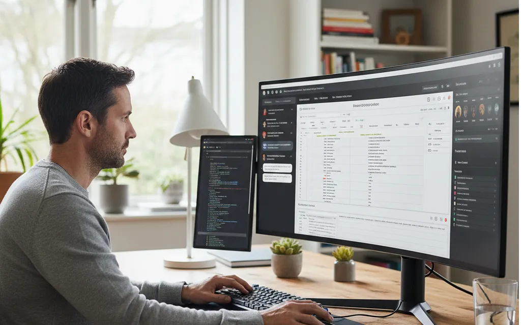 A man works at a spacious desk, with the main monitor showing a complex collaboration dashboard and team chat interface.