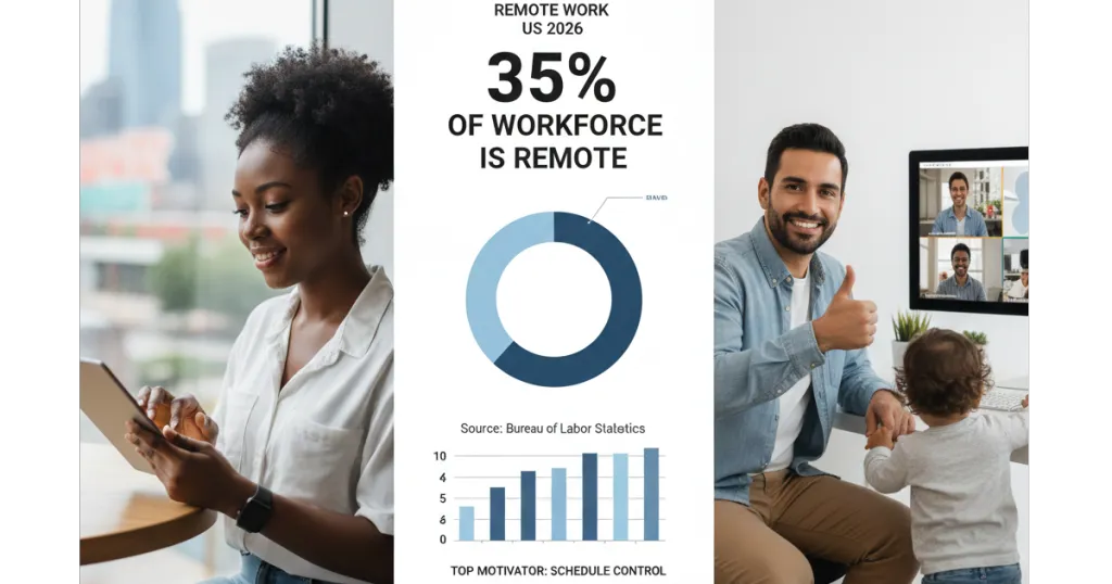 A chart that shows nearly 35% of US workers now engage in some form of remote work