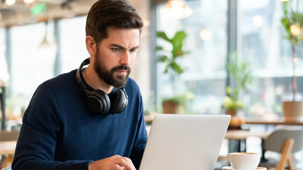 A professional man in a navy sweater working at a bright modern cafe with a laptop and a black wireless headset around his neck, coffee on the table