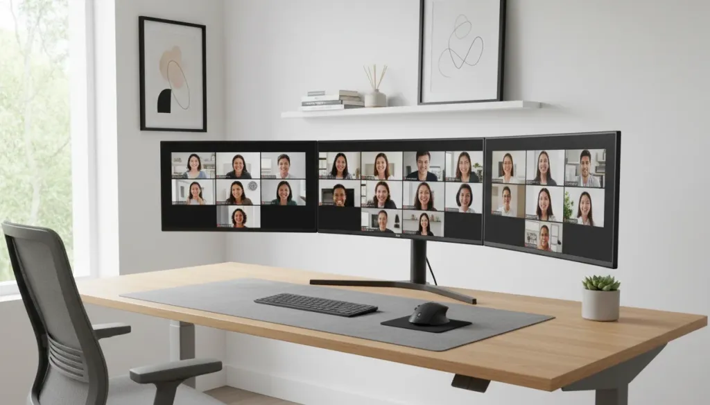 Professional working from home setup with multiple monitors showing a video conference in a clean modern home office