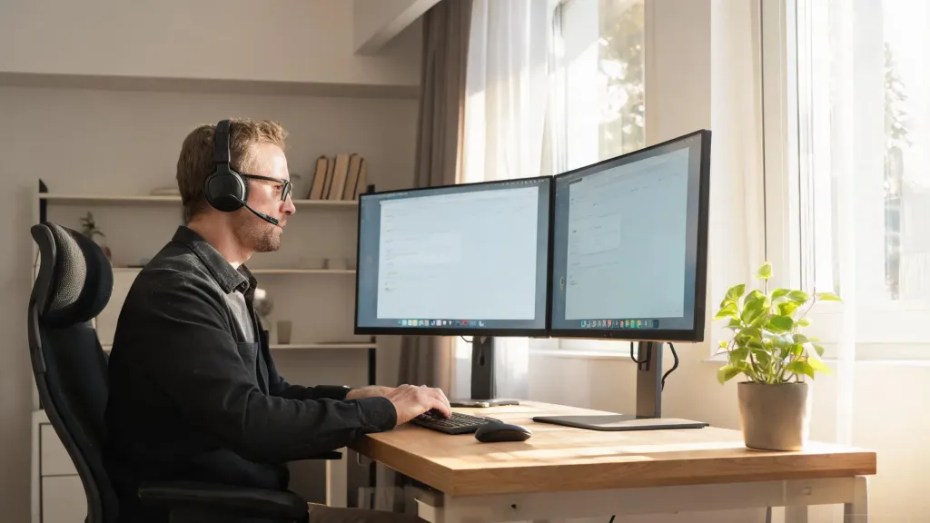 Man working from an organized home office wearing a wireless headset