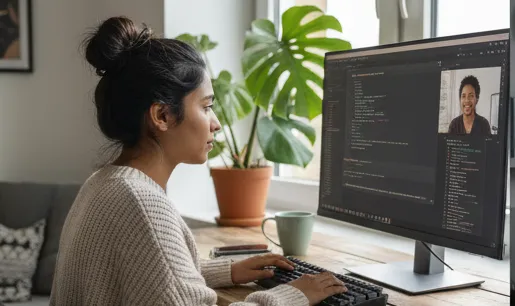 A female professional telecommuting from home. Her large monitor features an integrated HD video calling window displaying a team meeting, highlighting a modern remote work environment.