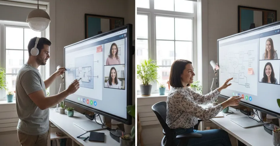A man wearing headphones stands at a height-adjustable desk, deeply engaged with a large-scale smart whiteboard.And a woman sits by a bright window, smiling as she interacts with the screen using hand gestures.