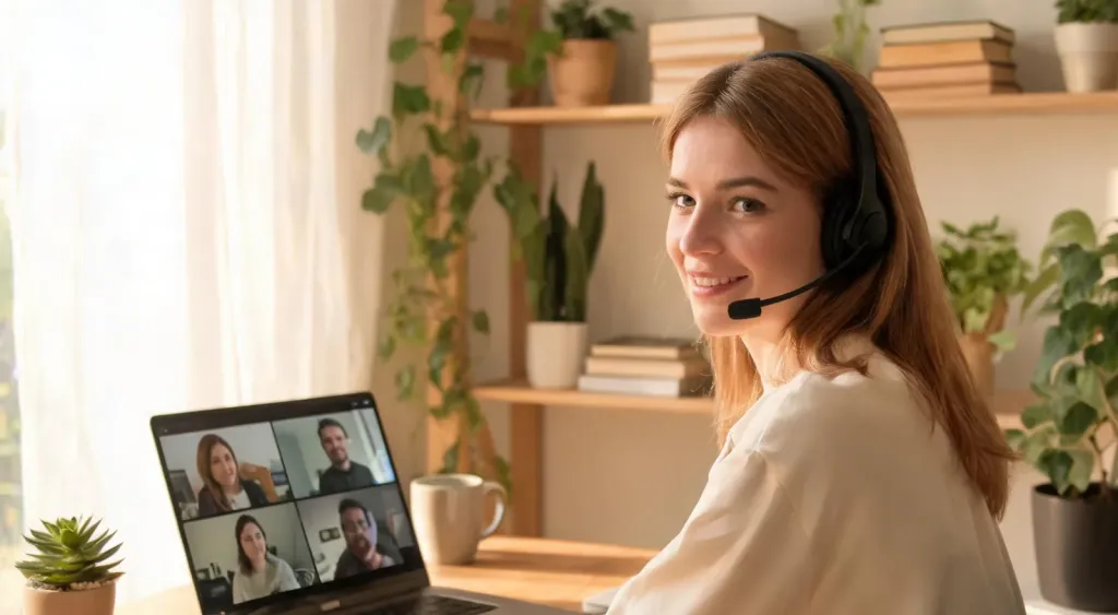Remote worker sitting in a well-lit home office wearing a professional headset, laptop open with a video call on screen, plants and books in the background, clean edges, no borders, no black bars, full bleed composition