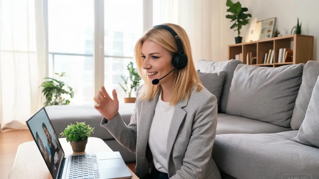 A remote worker comfortably taking a video call from a living room couch wearing a wireless headset