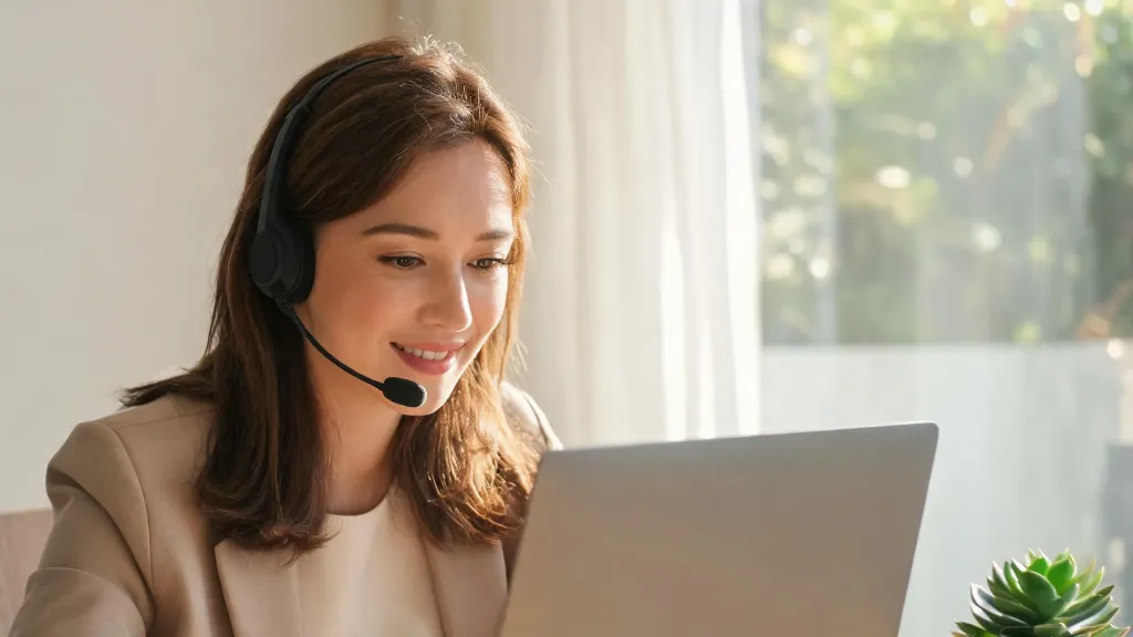 A female business professional wearing a wireless headset, smiling while looking at her laptop during a video call in a home office with warm afternoon daylight