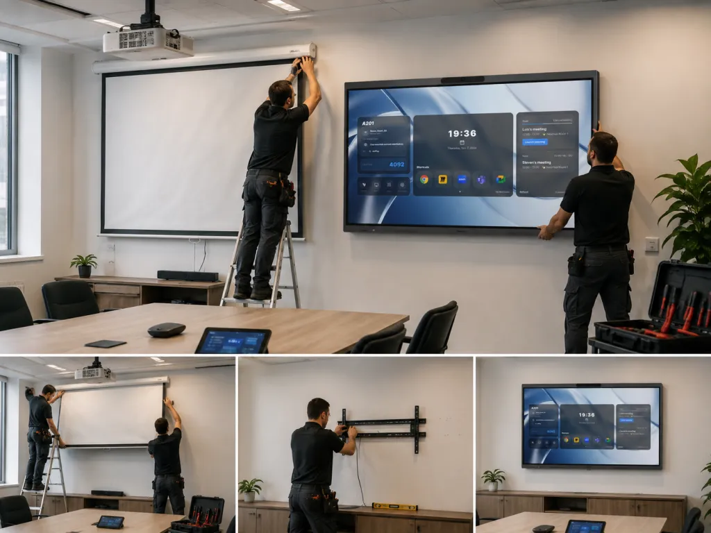 Technicians replacing a conference room projector setup with a NearHub Board Max interactive display