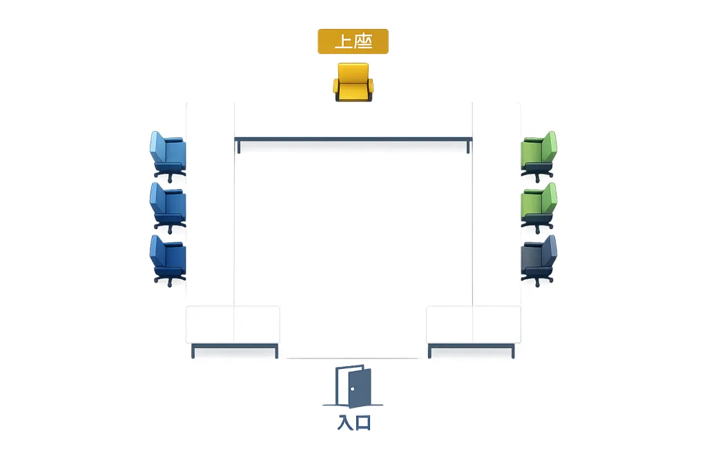 U字型の会議テーブルを上から見た図。U字の奥中央の席が金色で「上座」と表示されている。入口側は下座で、側面の席は段階的に色が変化している。