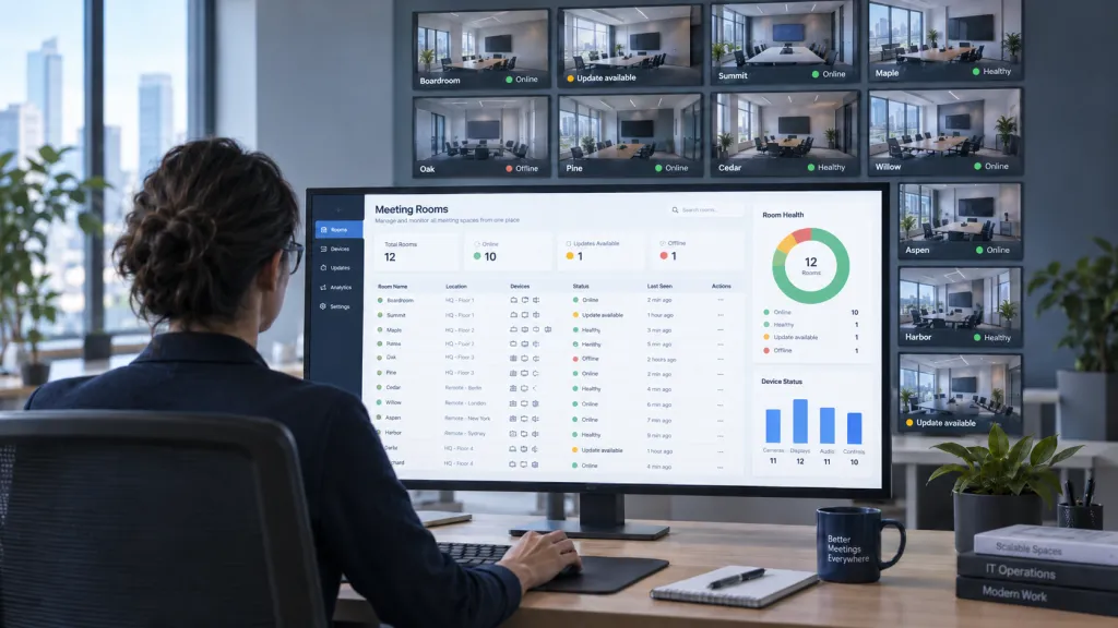 Centralized management of multiple Zoom Rooms in a standardized room kit and appliance deployment.