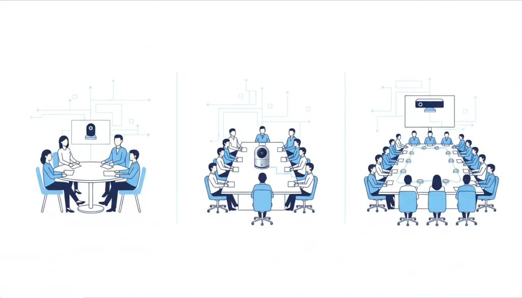 小規模・中規模・大規模の3つの会議室サイズとそれぞれに適したカメラの種類を比較したイラスト