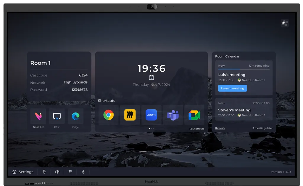 Close-up of high-end video conferencing solutions showing the 4K AI camera and microphone array on an integrated conference room presentation system
