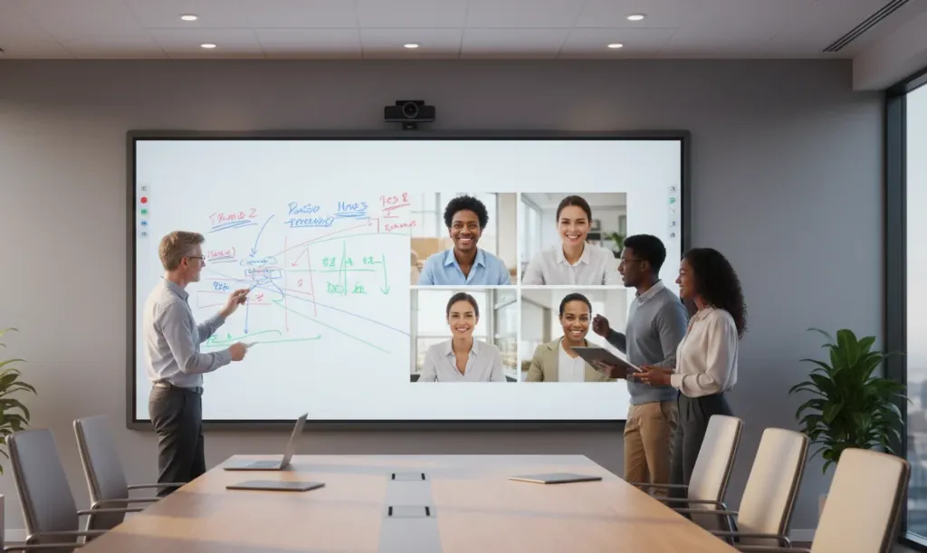 A seamless hybrid collaboration scene with team members actively collaborating on an interactive whiteboard while remote participants contribute annotations in real-time