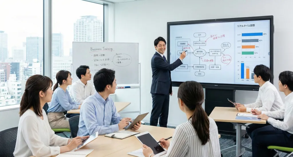 インタラクティブホワイトボードで会議をしている会社員たち