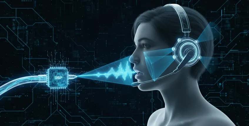 	Futuristic 3D visualization showing voice traveling from mouth through boom microphone into DSP processor with four-mic beamforming pattern