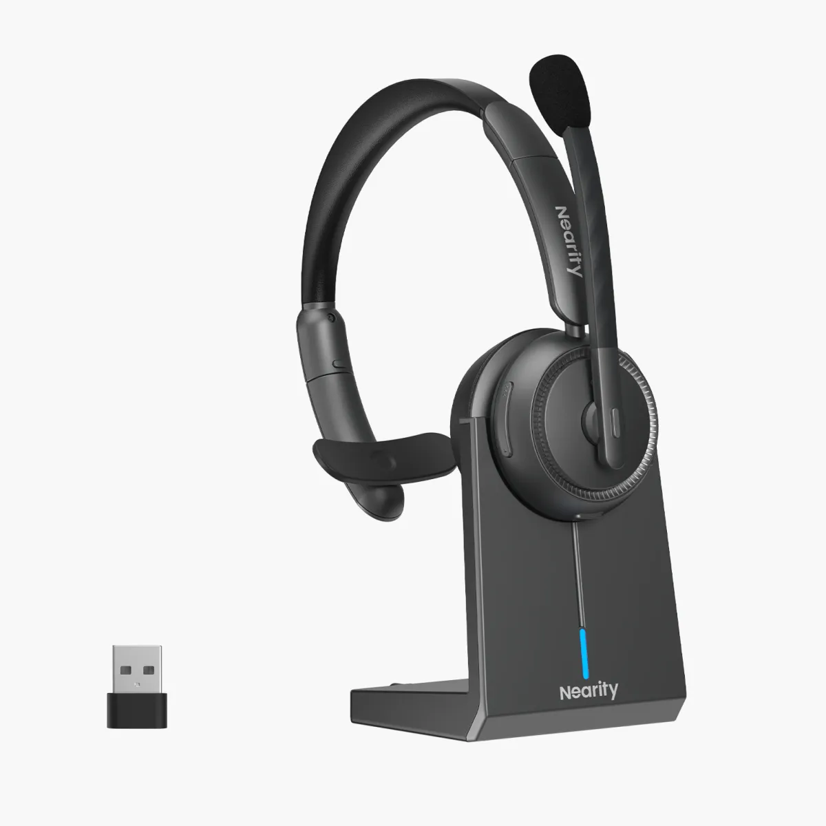 Single ear bluetooth headset with adjustable noise cancelling microphone for office business.