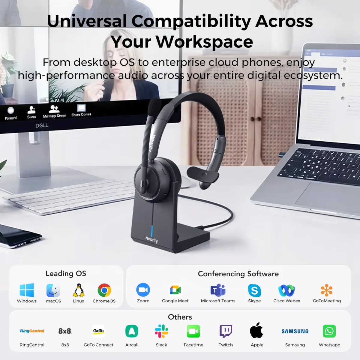 Single ear wireless headset with mic for pc lapop setup to join video conference calls.