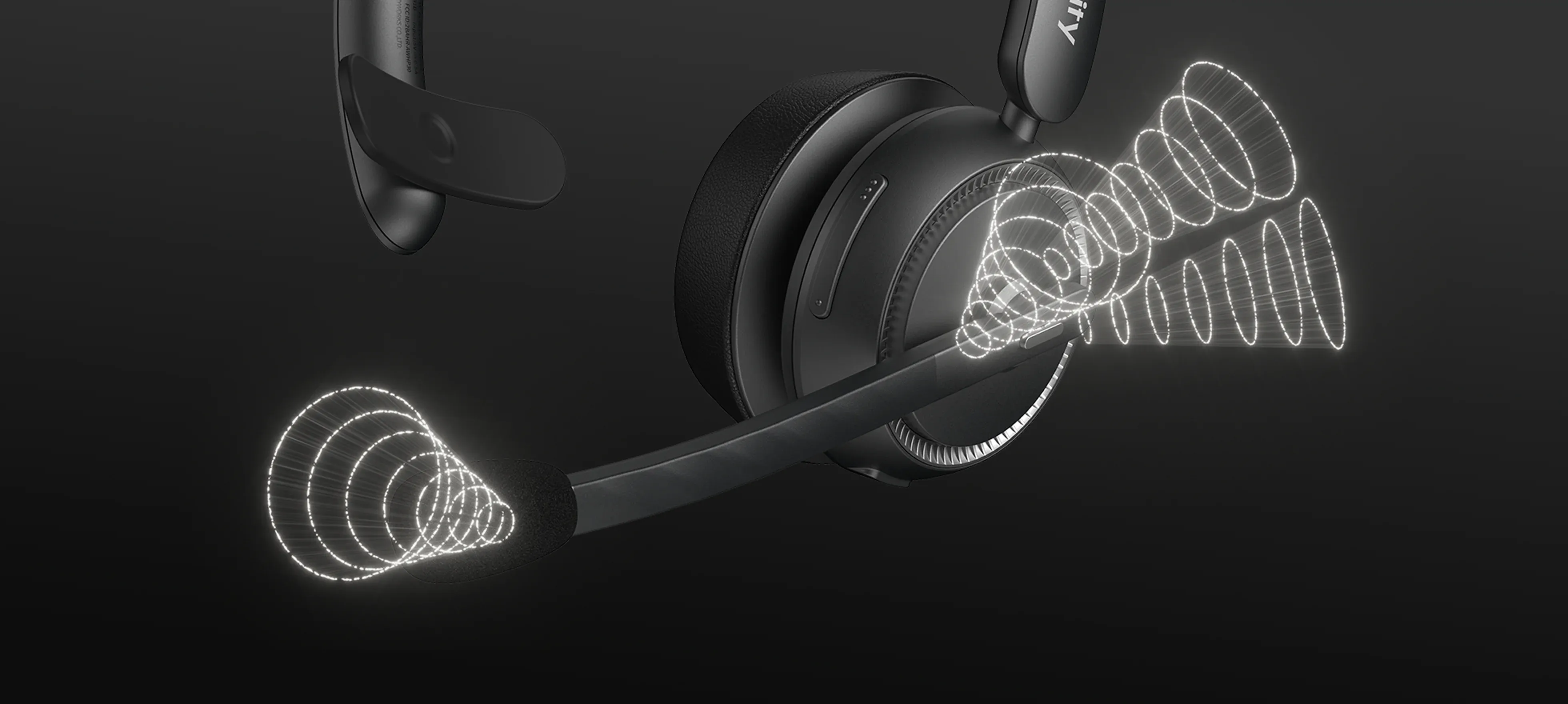 Alt Text: Diagram showing the beamforming pick-up patterns of a 4-mic system on a single ear wireless headset with mic for pc, ensuring perfect call clarity when using a wireless headset with usb dongle.