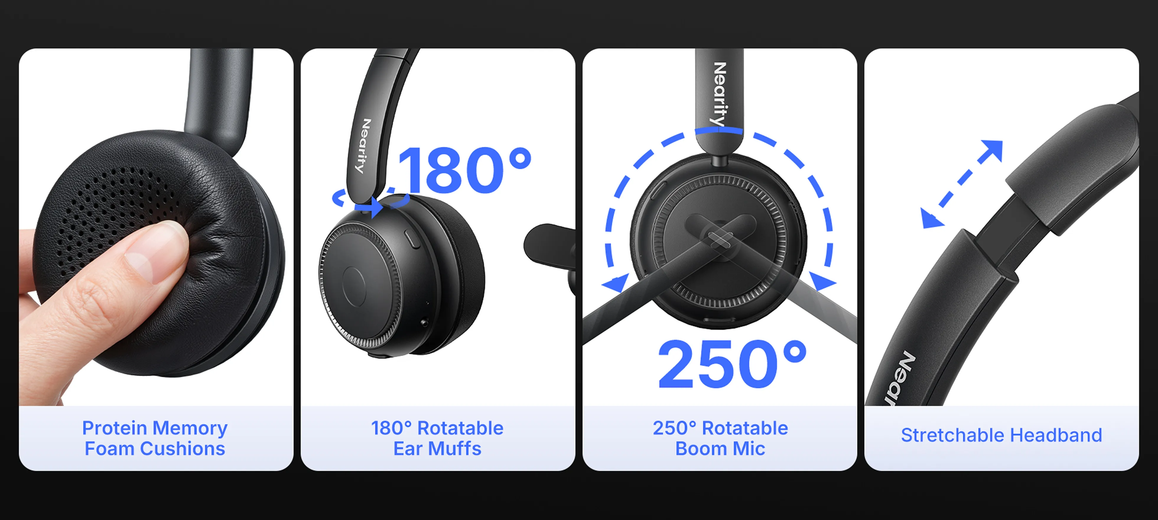 Premium hardware details of a single ear headphone with mic, showcasing protein memory foam cushions, 180-degree rotatable ear muffs, and a wireless headphone with noise cancelling microphone on a 250-degree boom mic.
