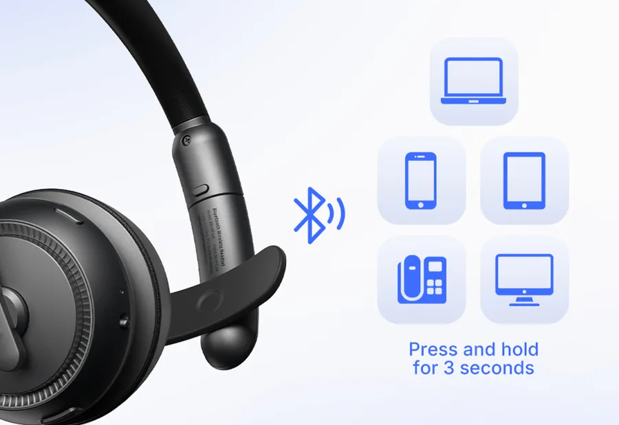 Guide explaining how to enter pairing mode on a mono bluetooth headset by holding the button, enabling easy connection for this one ear headset with mic.