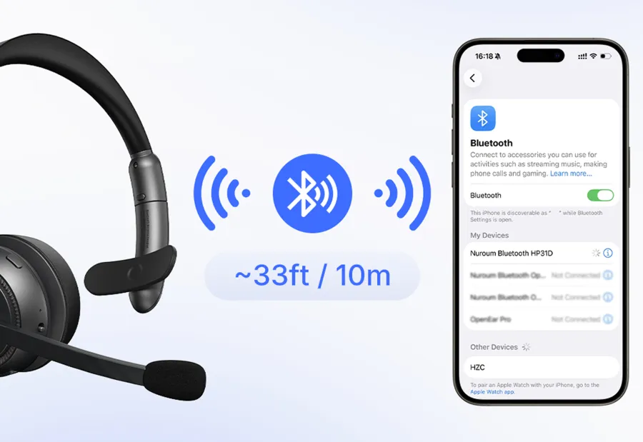 Wireless range illustration of a single ear bluetooth headset showing a stable 33ft or 10m connection to a phone as a wireless headphone with noise cancelling microphone.