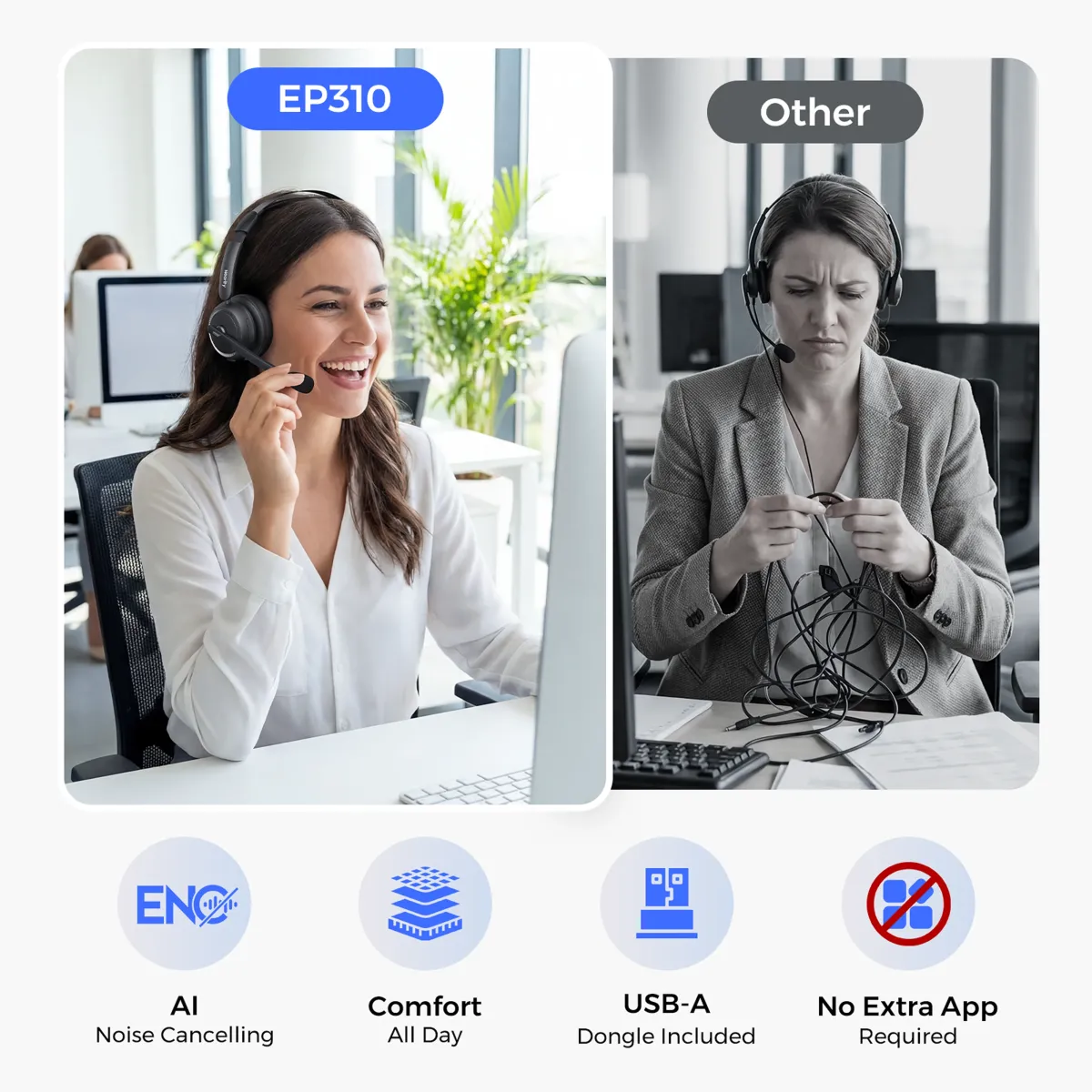 Mono bluetooth headset worn by an office worker multitasking and communicating with teammates.