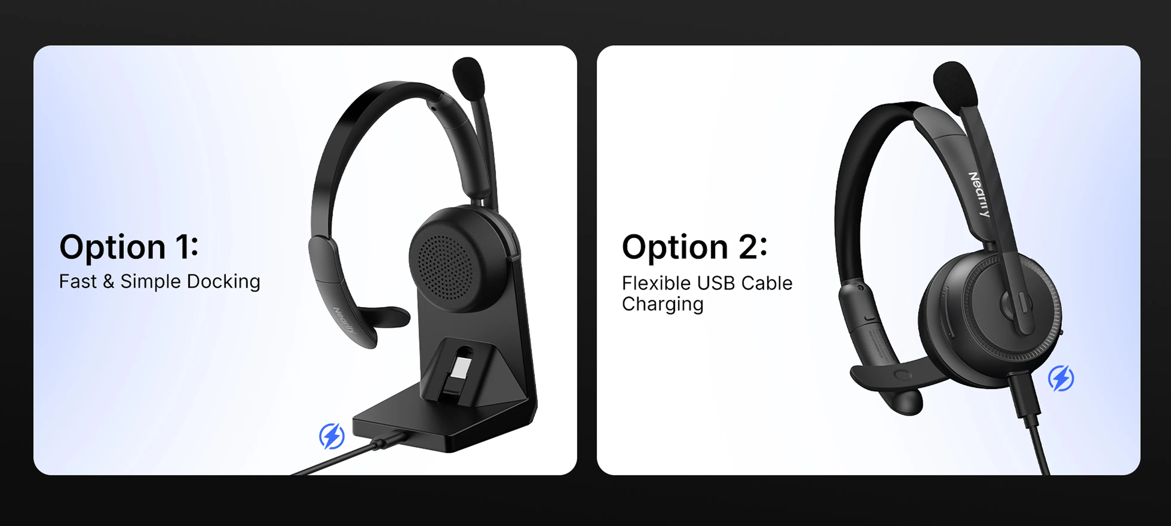 Comparison of two charging options for a wireless one ear headset, showing simple base docking charging and flexible USB cable charging for this professional one ear headset with mic.