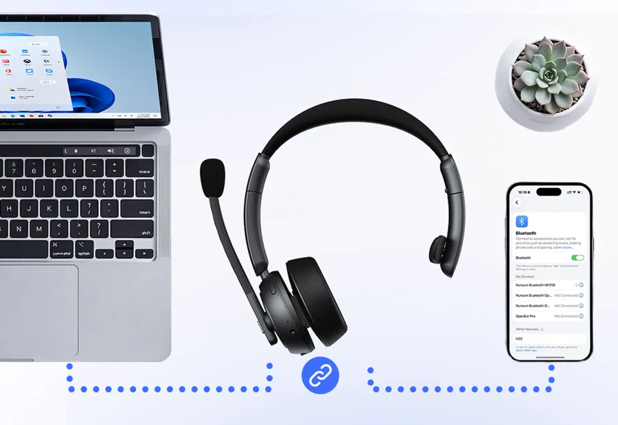 Diagram of a mono bluetooth headset showing multipoint dual connection, allowing this wireless one ear headset to pair with a laptop and phone simultaneously.