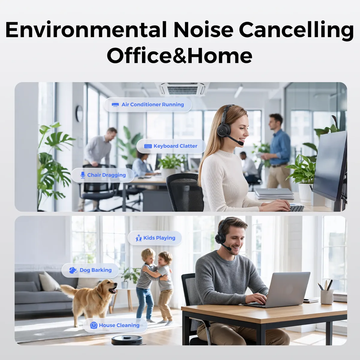 Professional using a wireless mono headset for customer service in a busy call center. Remote worker wearing a single ear headphone with mic during an online business meeting.