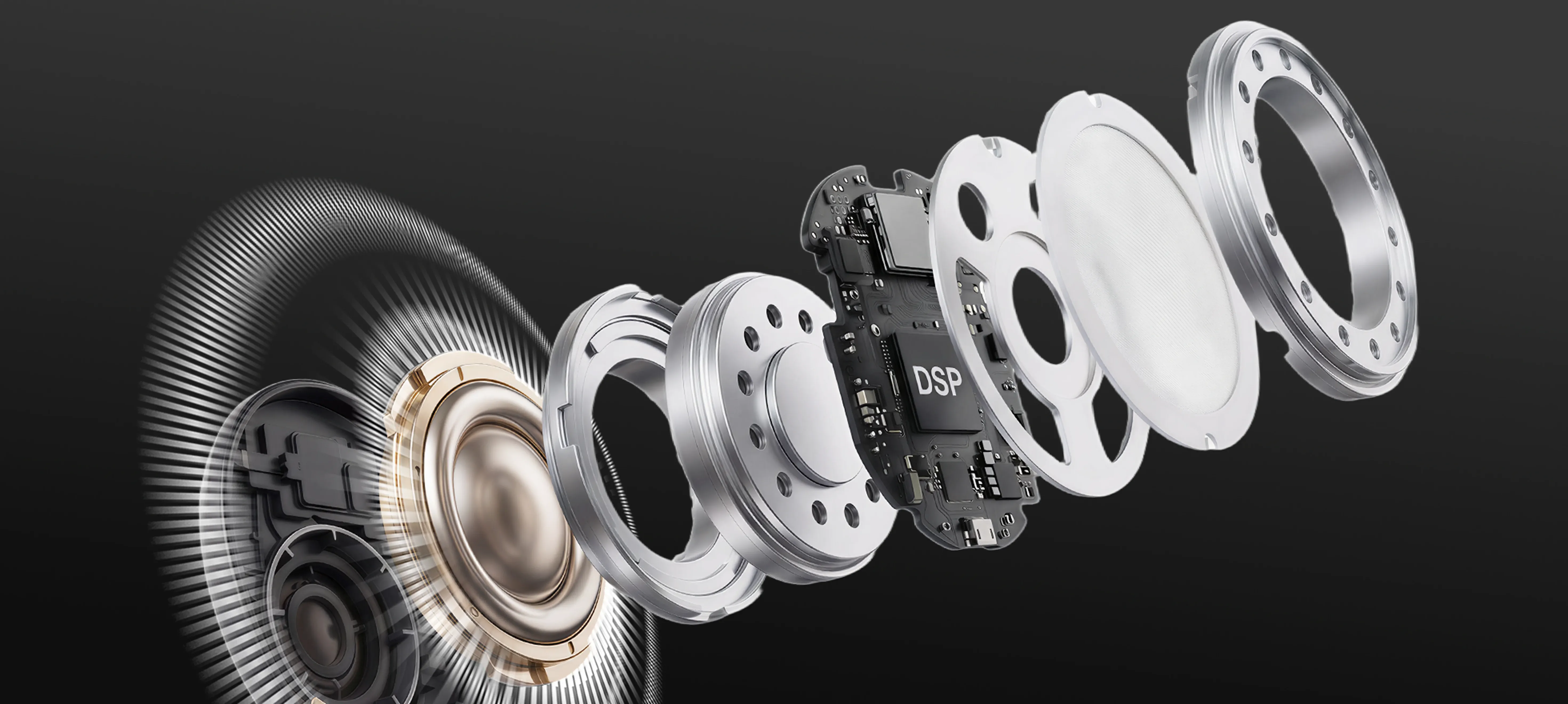 Exploded view of the HiFi dynamic driver and internal structure inside a premium single ear headphone with mic, showcasing the acoustic engineering of a one ear headphone with mic.