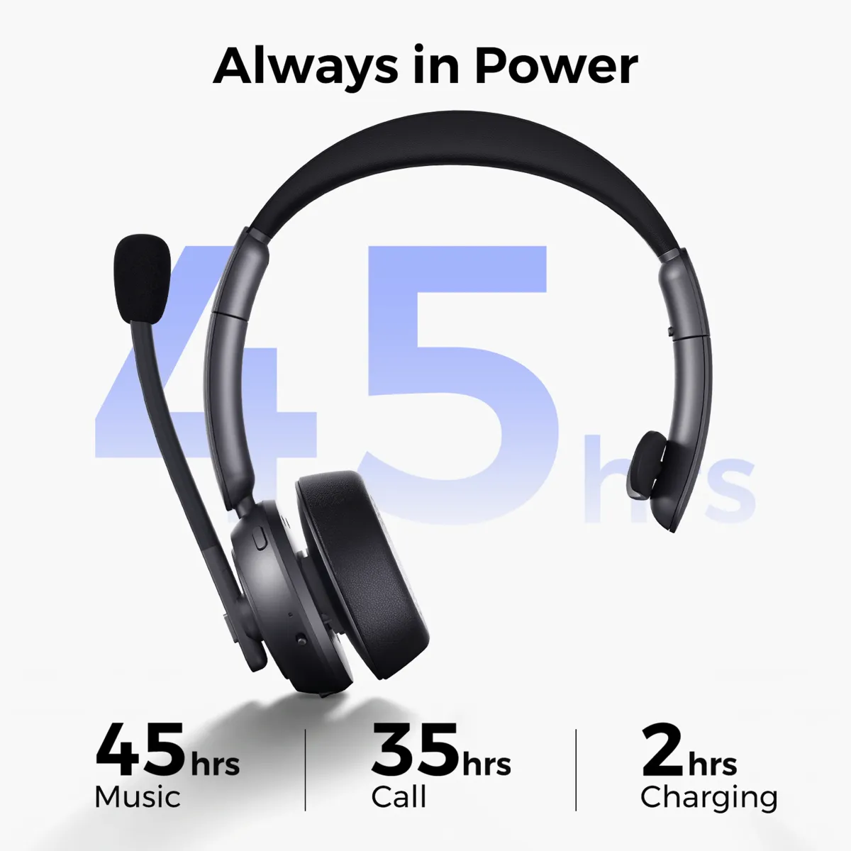 Single ear bluetooth headset with long battery life delivering up to 35 hours of call time.