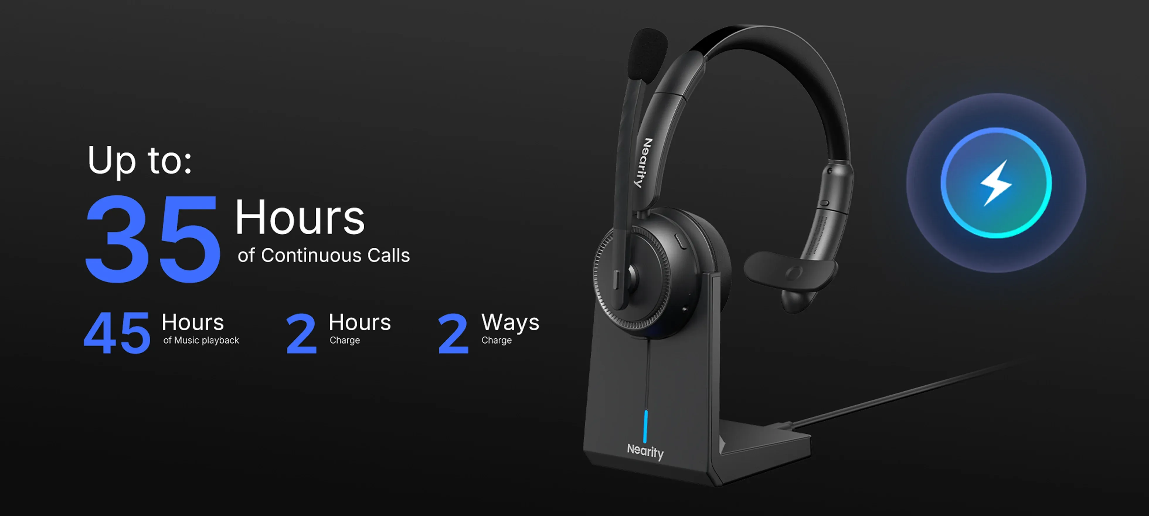 Battery life infographic for a single ear bluetooth headset, highlighting up to 35 hours of continuous conference calls and 45 hours of music playback on this wireless mono headset.
