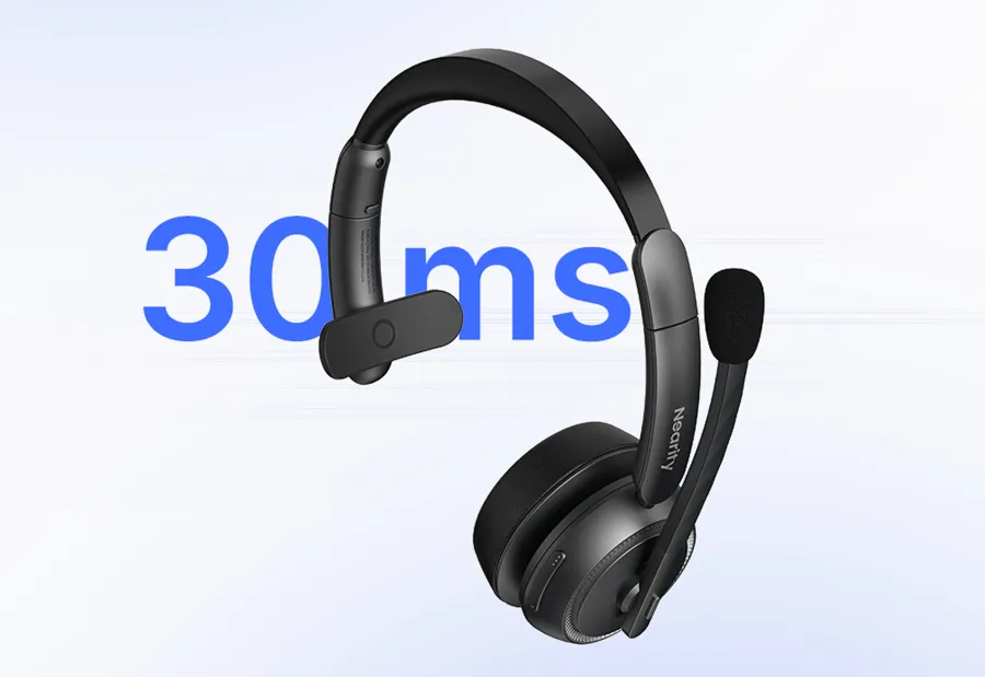 A single ear bluetooth headset displaying a ultra-low 30ms latency icon, highlighting the lag-free sound transmission of this wireless mono headset.