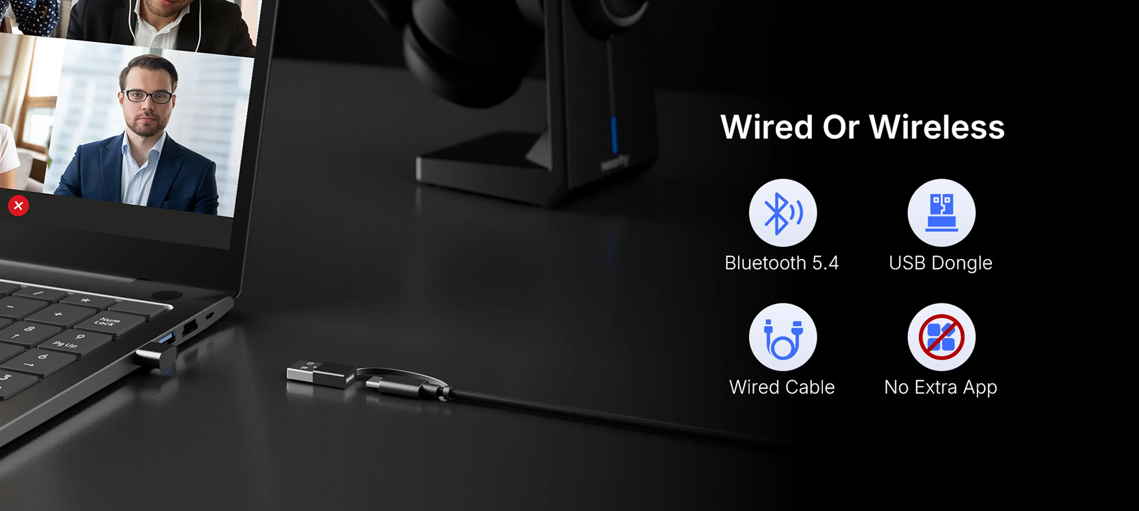 Diagram illustrating the connection modes of a mono bluetooth headset, featuring Bluetooth 5.4, wired cable, and a reliable wireless headset with usb dongle for quick plug-and-play setup.