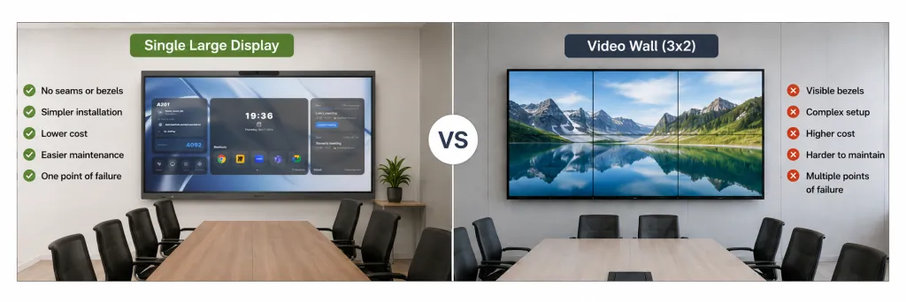 NearHub Board Max single large display compared with a 3x2 video wall in a conference room