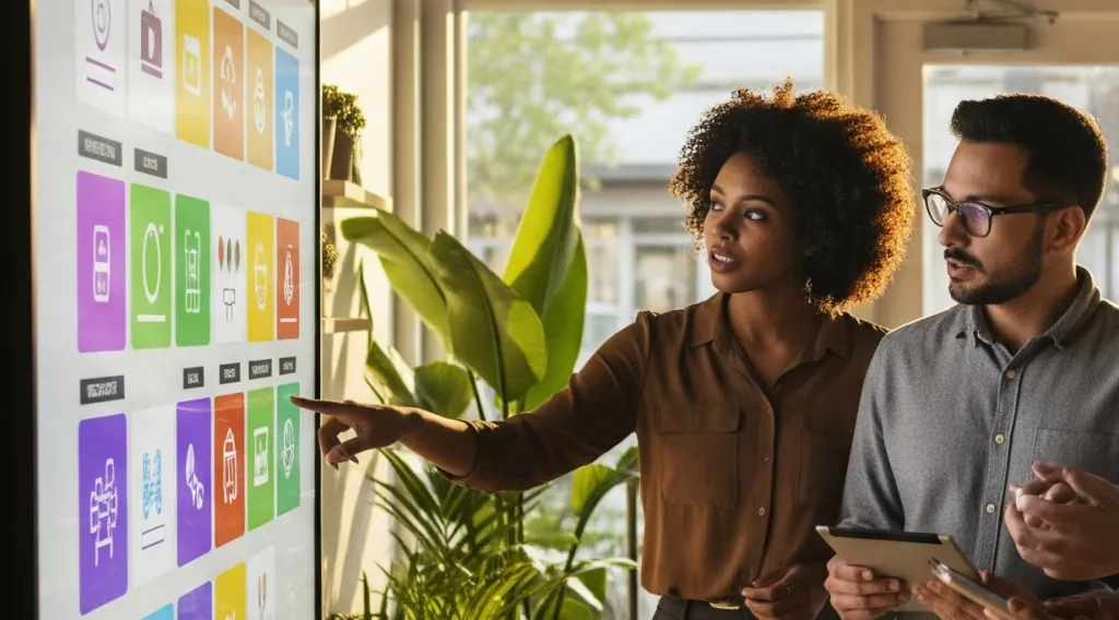 A professional small business team collaborating on shift patterns using an interactive smart whiteboard in a sunlit office during early morning hours.