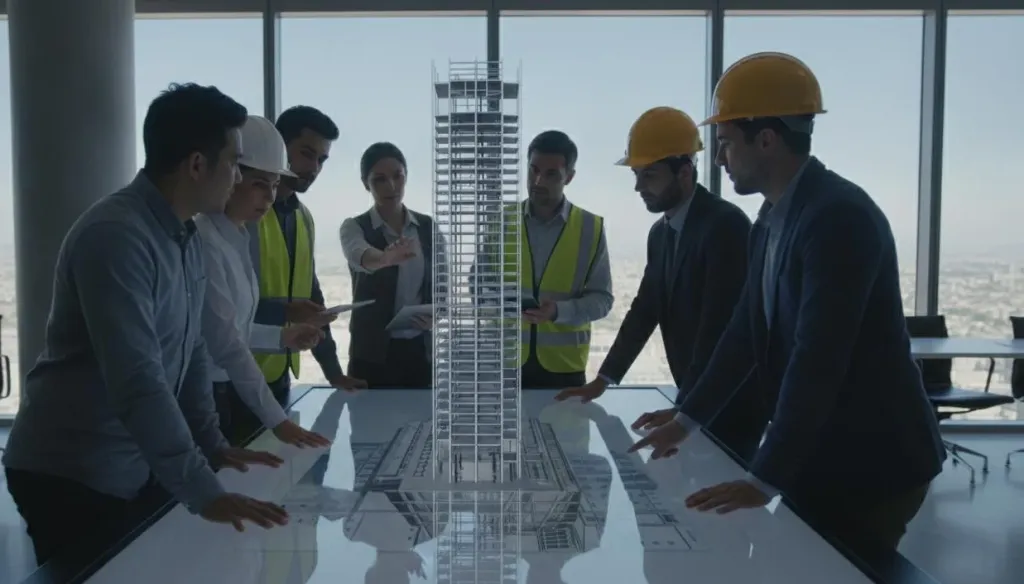 Diverse team of construction professionals gathered around a large interactive display examining a detailed 3D BIM building model in a modern conference room