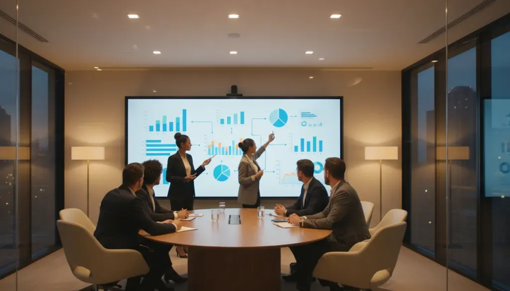 Business professionals collaborating around an interactive smart board in a modern conference room with charts and data visualizations on screen