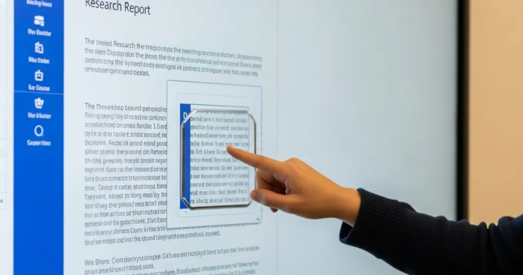 A finger pointing at a Word document on a smart whiteboard, ready to zoom in.