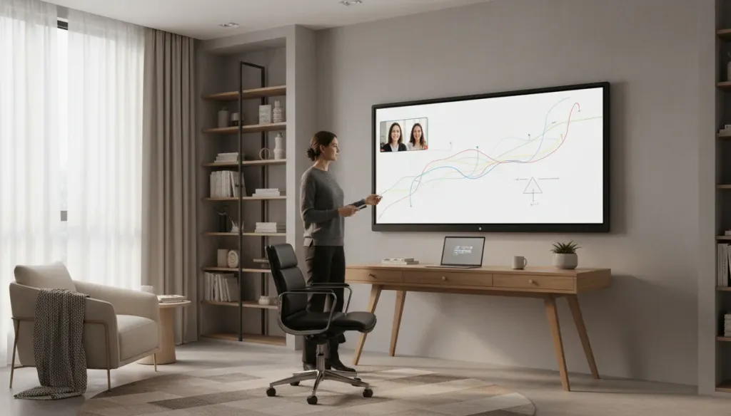 Modern home office with an interactive smart board mounted on the wall, showing a video call and digital whiteboard content in a cozy, well-lit room