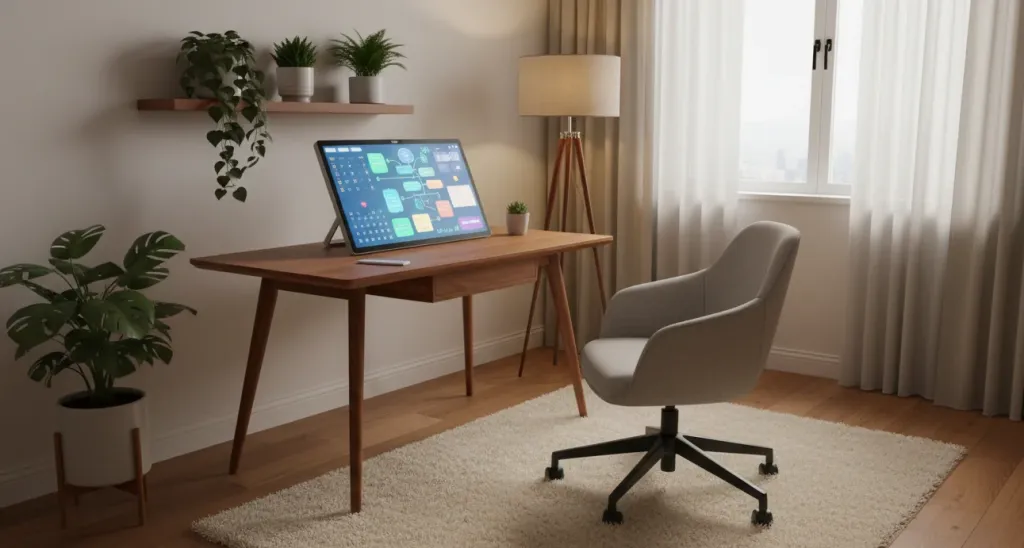 Cozy home office with a compact interactive smart board on a wooden desk, displaying colorful digital notes and productivity widgets in a modern minimalist interior