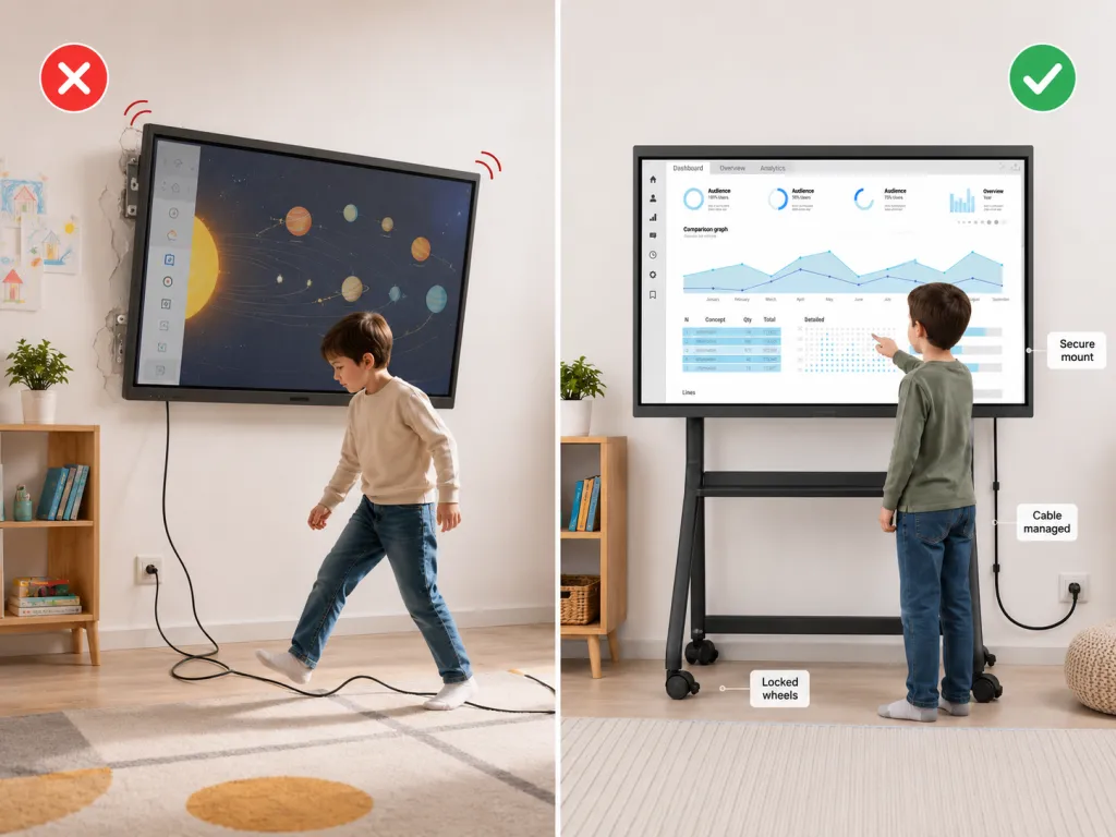 Unsafe wall-mounted interactive board with a loose cable compared with a securely installed NearHub Board Max with locked wheels and managed cables.