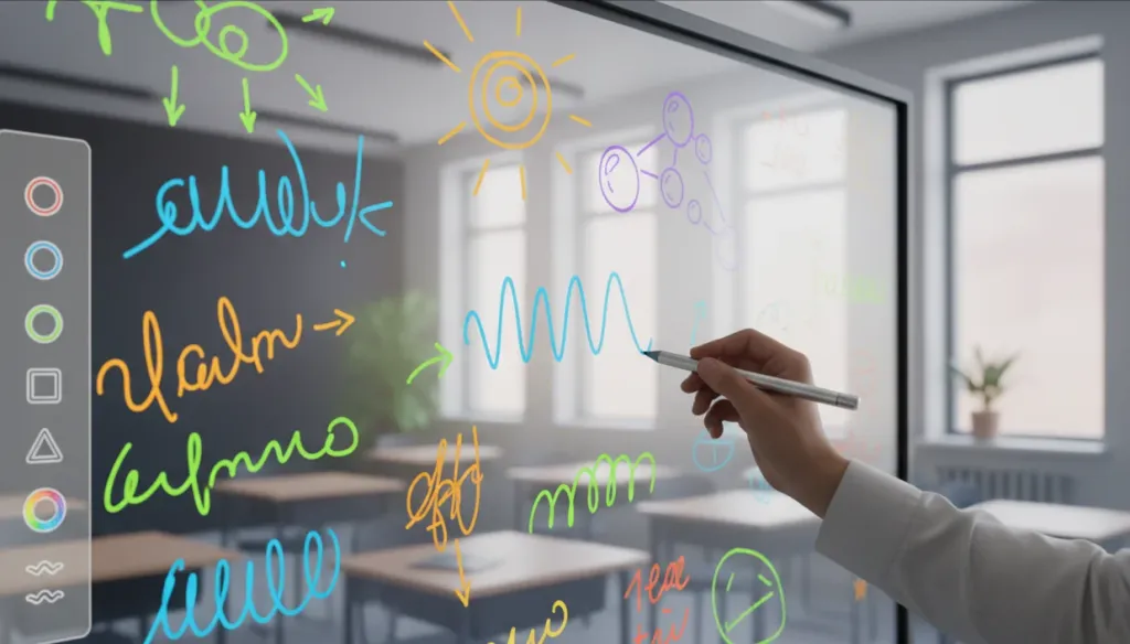 Close-up of a hand holding a stylus pen writing colorful notes and diagrams on an interactive smart board display