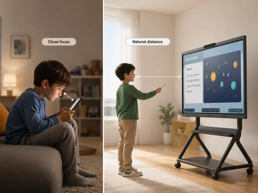 Tablet close-up use vs smart board natural viewing distance for children’s eye comfort.