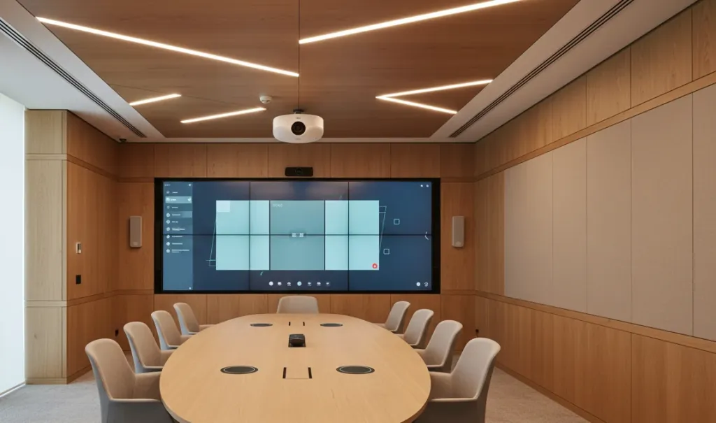 Modern ausgestatteter Konferenzraum mit interaktivem Display und Kameratechnik