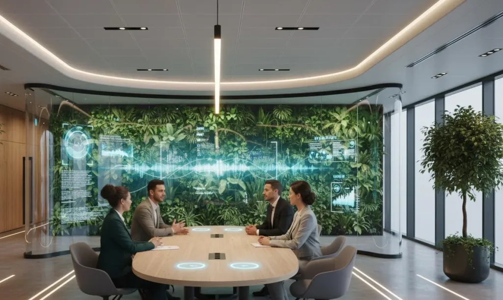 A futuristic sustainable smart office with an interactive display wall, biophilic green wall design, integrated IoT sensors, and natural daylight optimization