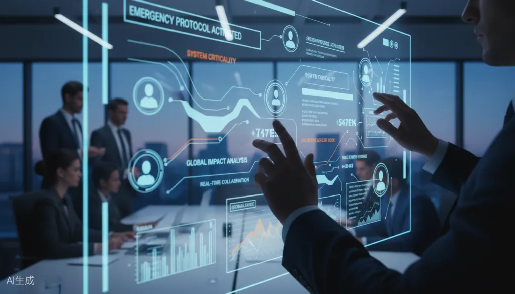 Figure 3: CEO using interactive smartboard during emergency meeting with real-time data visualization
