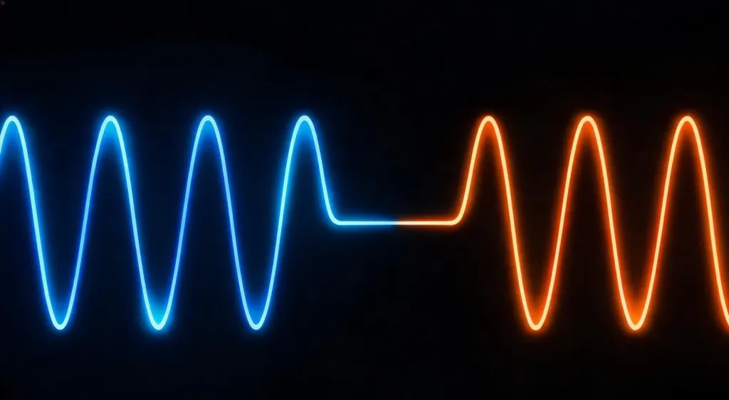 Abstract visualization of sound waves with a blue wave and an inverted orange wave meeting and canceling each other in the center, clean edges, no borders, no black bars, full bleed composition