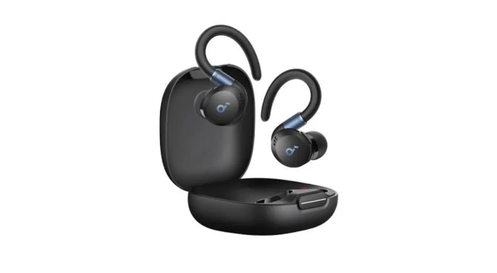 Soundcore Sport X20 fitness earbuds with adjustable ear hooks shown with open charging case on white background