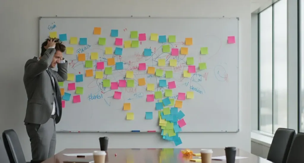 Frustrated professional facing a chaotic whiteboard covered in disorganized sticky notes